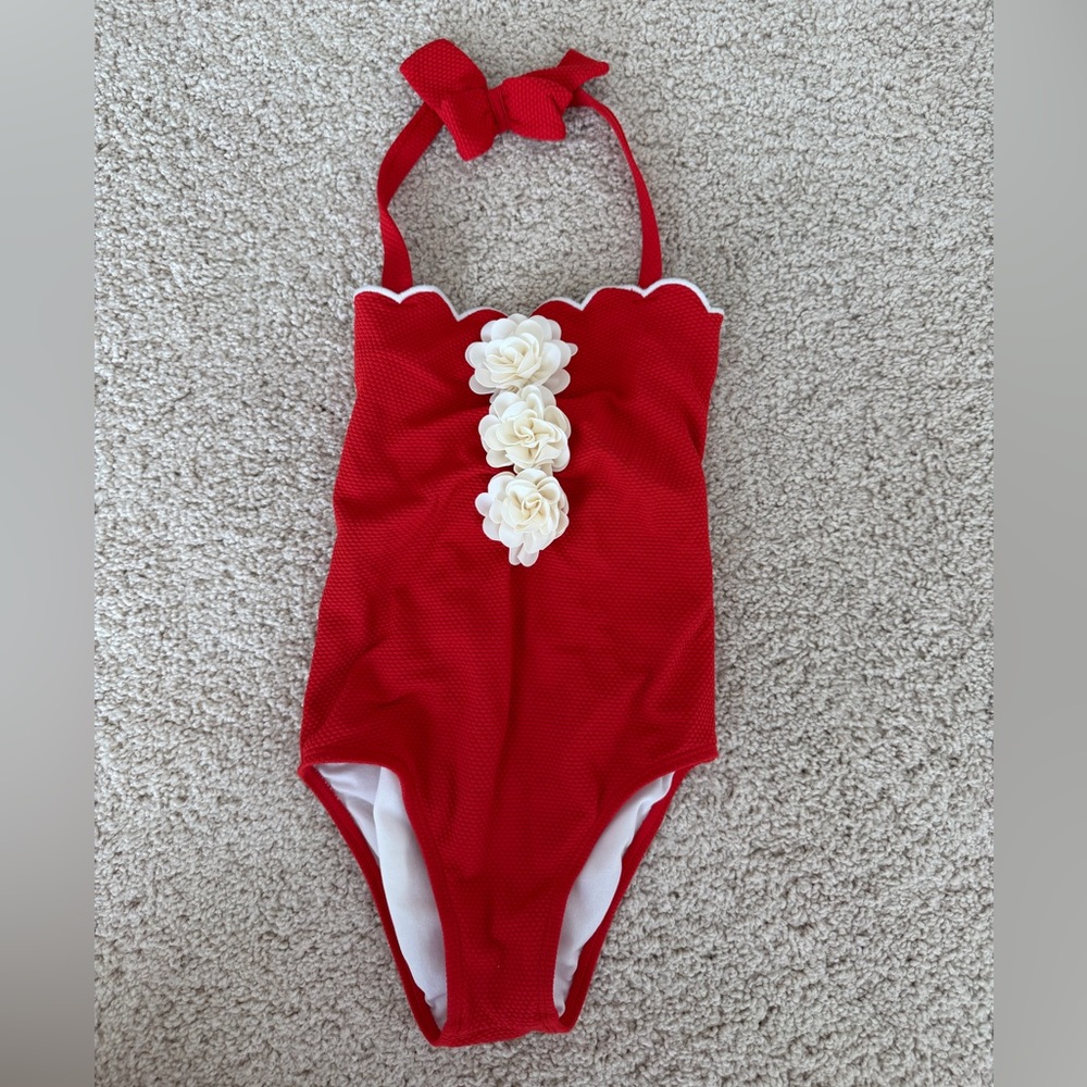 ❤️🤍 Janie and Jack Red and White Scalloped Rosette Halter Swimsuit, size 6, EUC - Picture 3 of 10